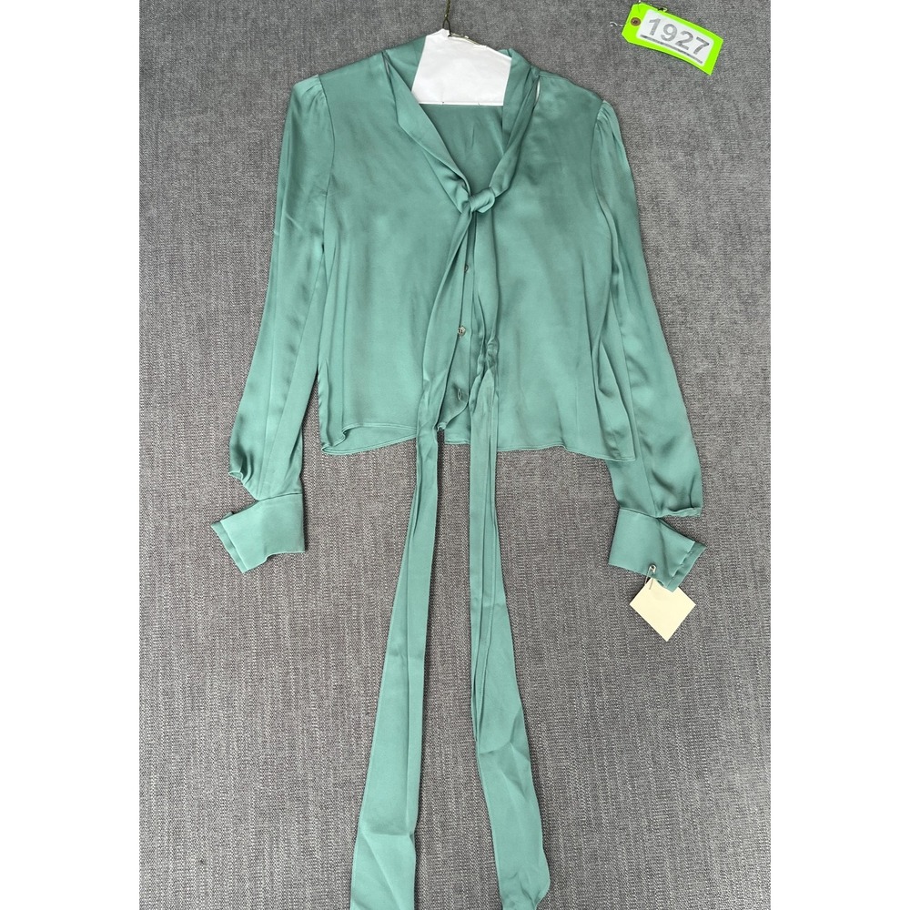 Womens Blouse Top Small Green Silk Blend Stretch Tie Neck Cocktail Attire Luxury